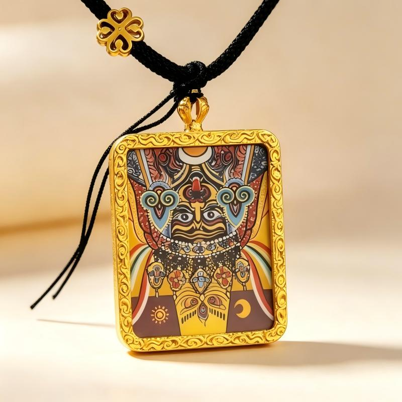 Yamantaka Hand-Painted Thangka Pendant | Tibetan Wrathful Protector Amulet for Overcoming Obstacles