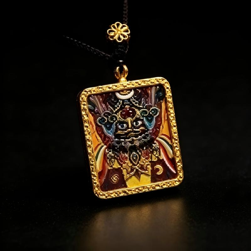 Yamantaka Hand-Painted Thangka Pendant | Tibetan Wrathful Protector Amulet for Overcoming Obstacles image 2