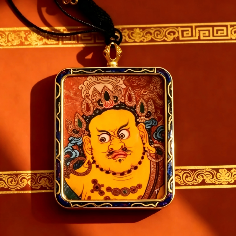 Yellow Jambhala (Five Wealth Deities) Hand-Painted Thangka Pendant | God of Wealth & Prosperity Amulet