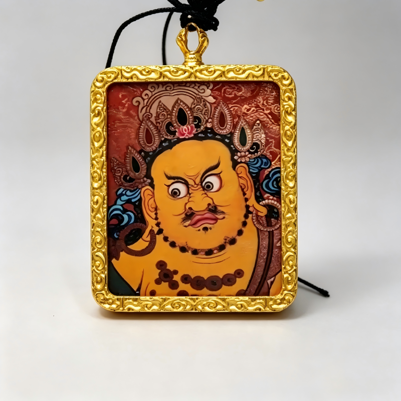 Yellow Jambhala (Five Wealth Deities) Hand-Painted Thangka Pendant | God of Wealth & Prosperity Amulet image 2
