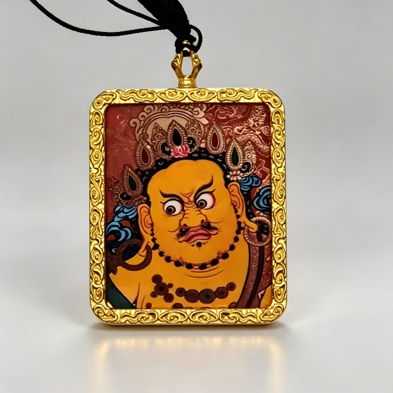 Yellow Jambhala (Five Wealth Deities) Hand-Painted Thangka Pendant | God of Wealth & Prosperity Amulet image 3
