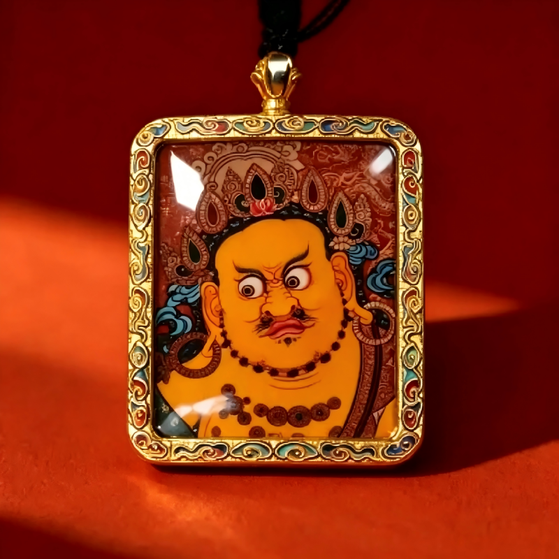 Yellow Jambhala (Five Wealth Deities) Hand-Painted Thangka Pendant | God of Wealth & Prosperity Amulet image 4