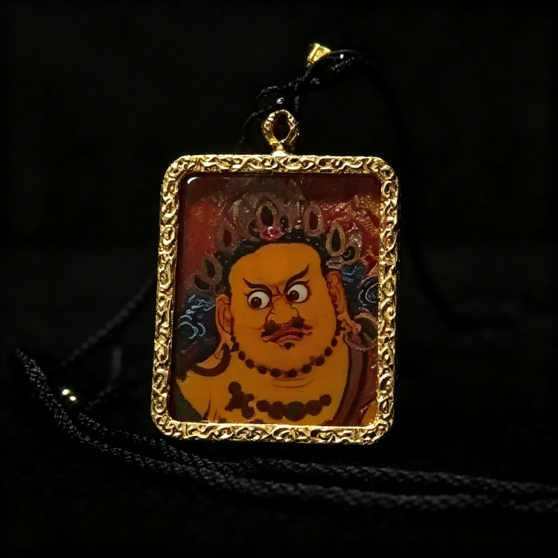 Yellow Jambhala (Five Wealth Deities) Hand-Painted Thangka Pendant | God of Wealth & Prosperity Amulet image 5