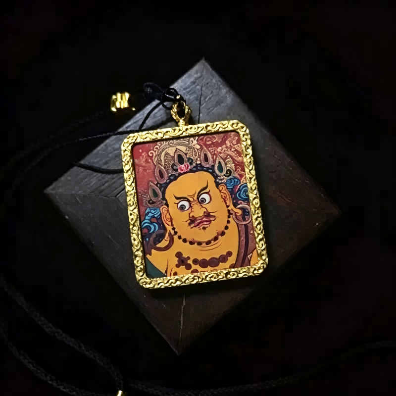 Yellow Jambhala (Five Wealth Deities) Hand-Painted Thangka Pendant | God of Wealth & Prosperity Amulet image 6