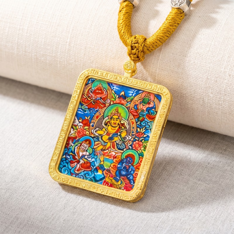 Yellow Jambhala (Golden Form) Hand-Painted Thangka Pendant | God of Wealth & Prosperity Amulet
