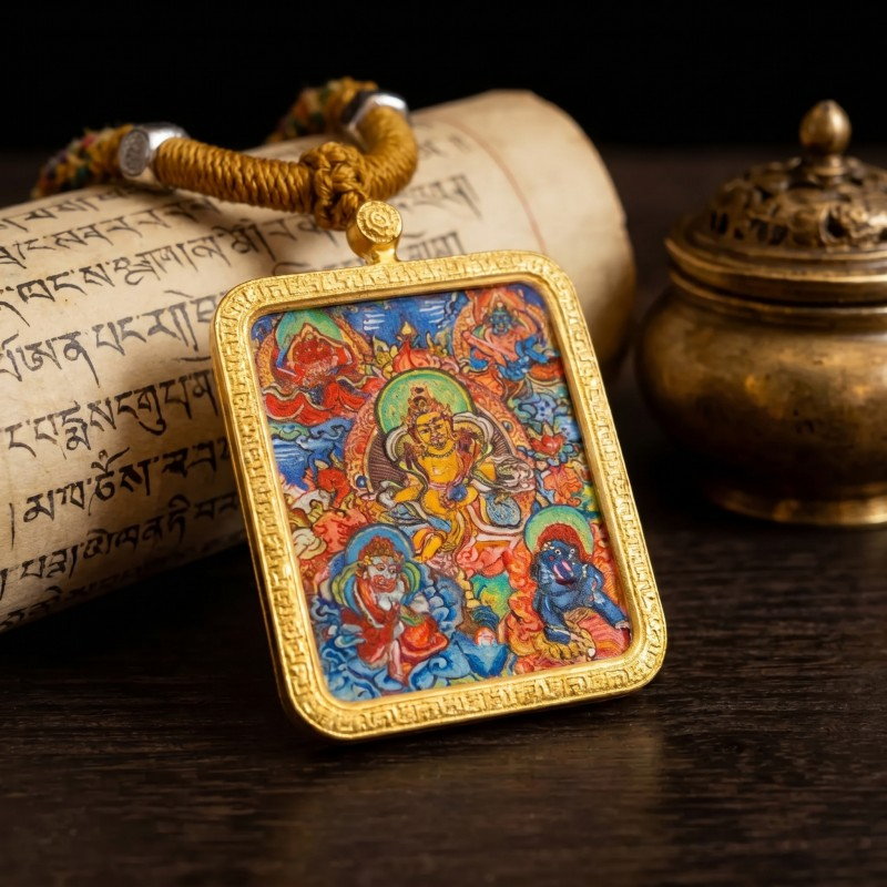 Yellow Jambhala (Golden Form) Hand-Painted Thangka Pendant | God of Wealth & Prosperity Amulet image 2