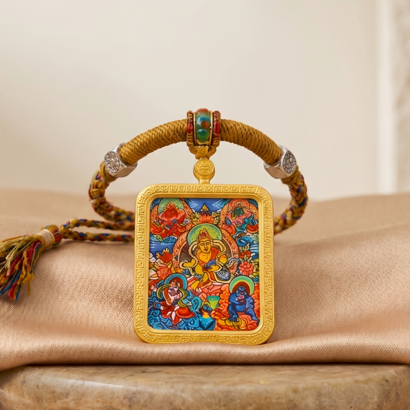 Yellow Jambhala (Golden Form) Hand-Painted Thangka Pendant | God of Wealth & Prosperity Amulet image 3