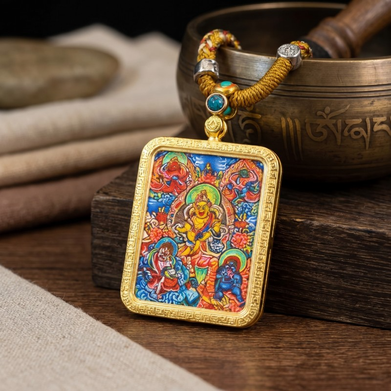 Yellow Jambhala (Golden Form) Hand-Painted Thangka Pendant | God of Wealth & Prosperity Amulet image 4
