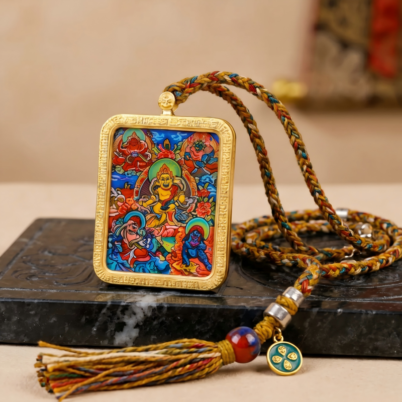 Yellow Jambhala (Golden Form) Hand-Painted Thangka Pendant | God of Wealth & Prosperity Amulet image 5