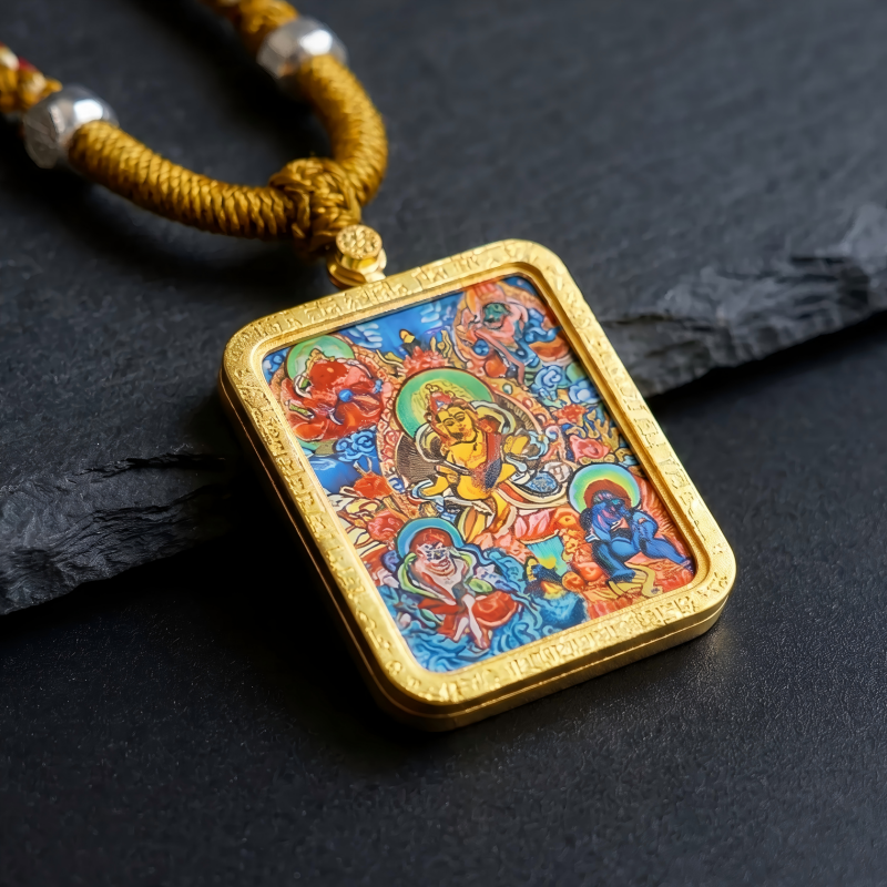 Yellow Jambhala (Golden Form) Hand-Painted Thangka Pendant | God of Wealth & Prosperity Amulet image 6