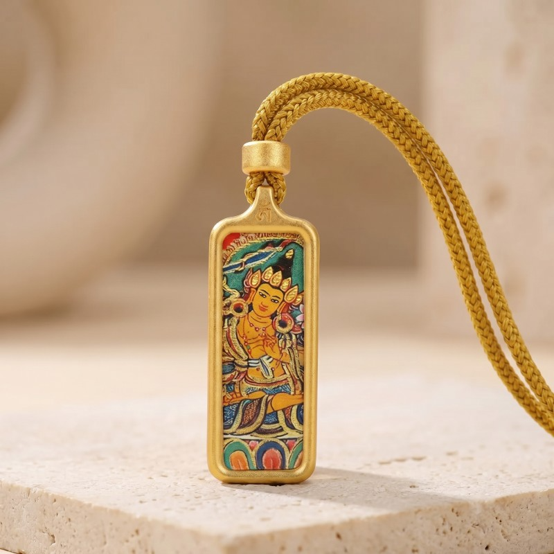Yellow Jambhala Hand-Painted Thangka Pendant | God of Wealth & Prosperity Amulet