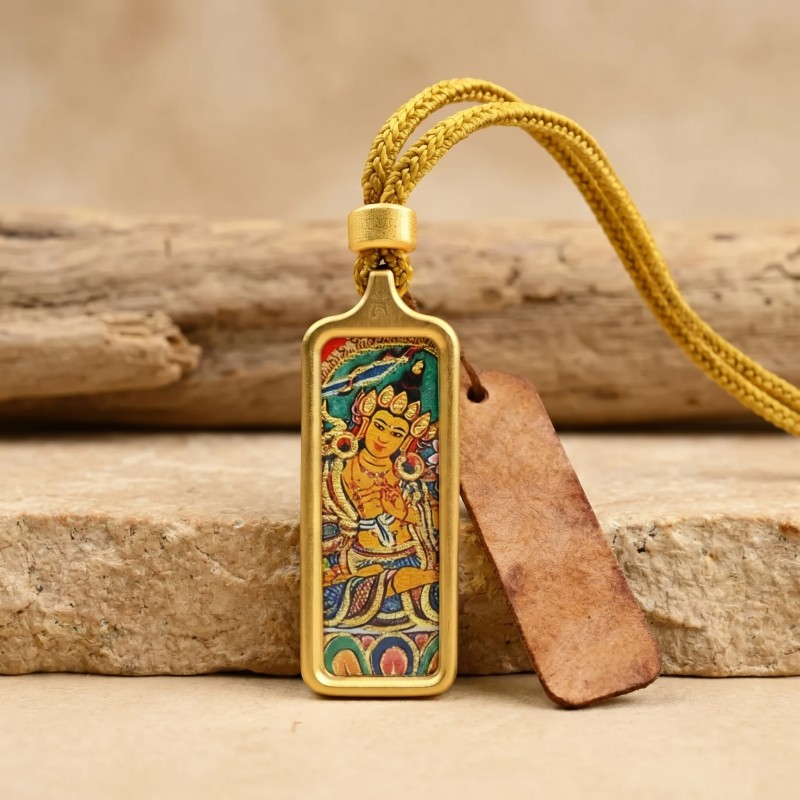 Yellow Jambhala Hand-Painted Thangka Pendant | God of Wealth & Prosperity Amulet image 2
