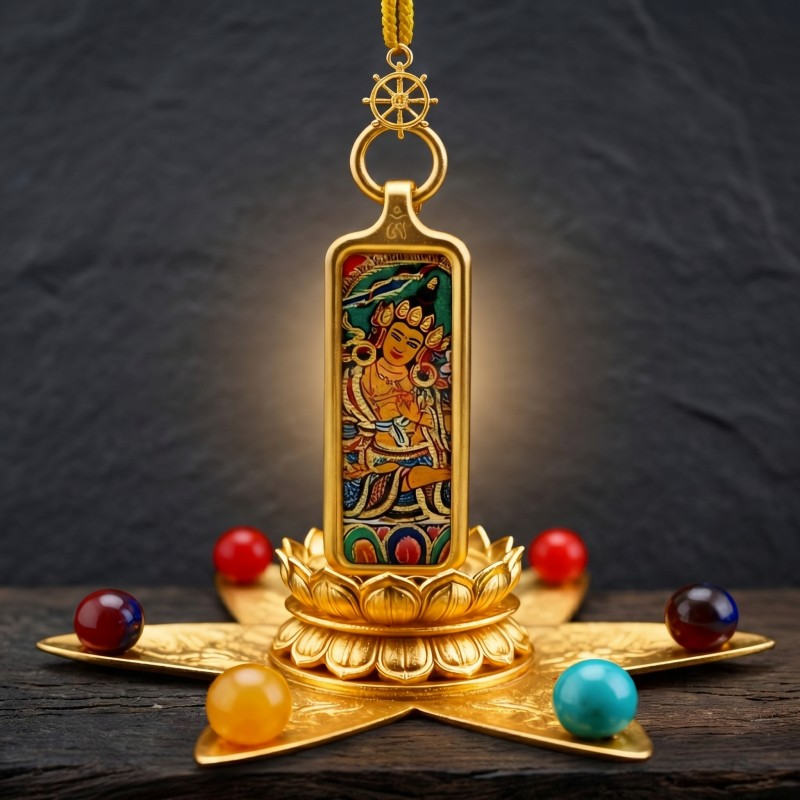 Yellow Jambhala Hand-Painted Thangka Pendant | God of Wealth & Prosperity Amulet image 3