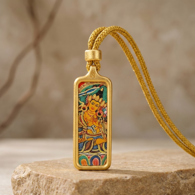 Yellow Jambhala Hand-Painted Thangka Pendant | God of Wealth & Prosperity Amulet image 4