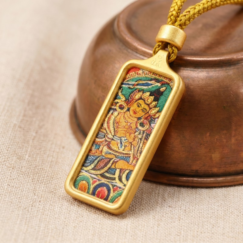 Yellow Jambhala Hand-Painted Thangka Pendant | God of Wealth & Prosperity Amulet image 5