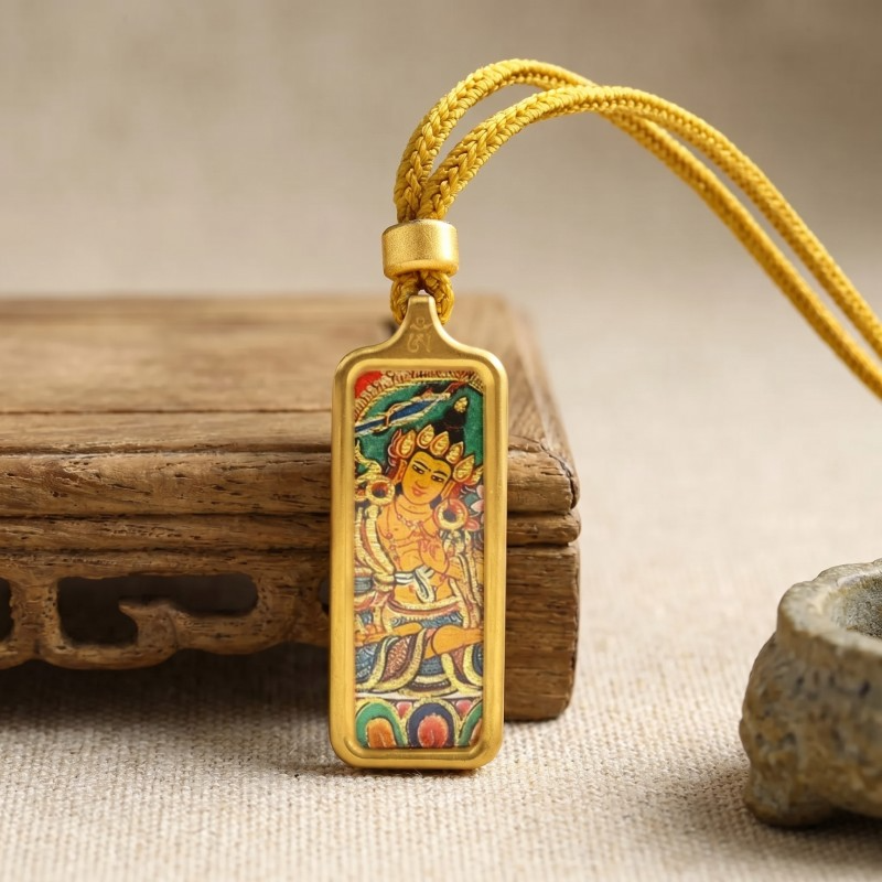 Yellow Jambhala Hand-Painted Thangka Pendant | God of Wealth & Prosperity Amulet image 6