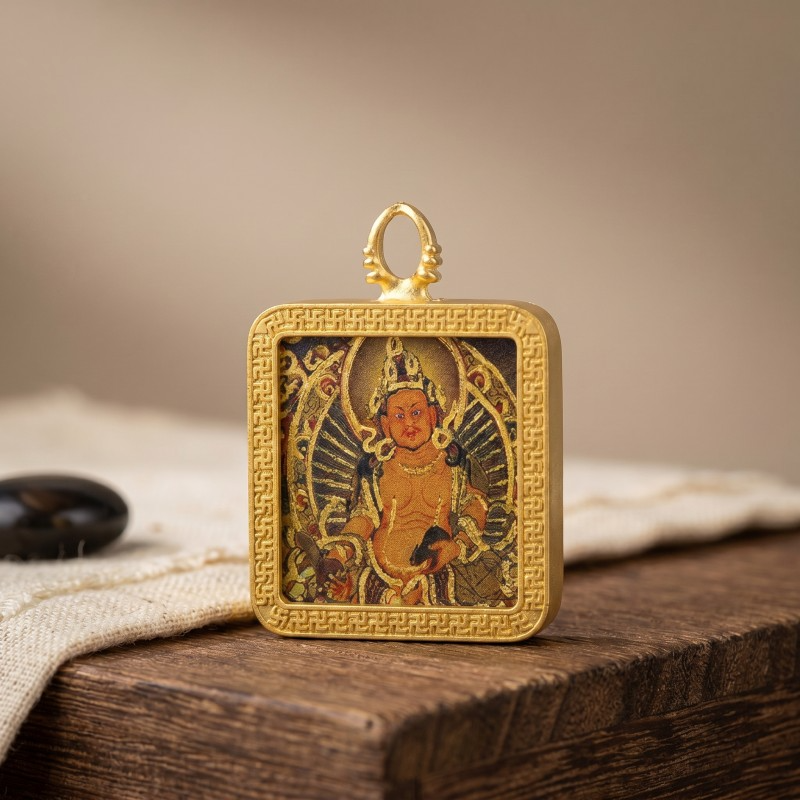 Yellow Jambhala Hand-Painted Thangka Pendant | God of Wealth & Prosperity Amulet