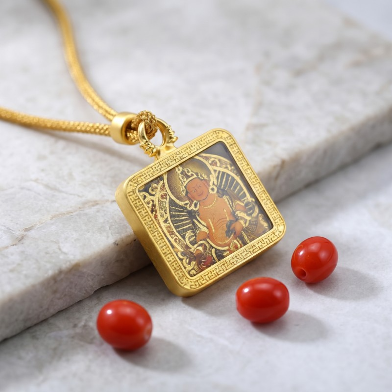 Yellow Jambhala Hand-Painted Thangka Pendant | God of Wealth & Prosperity Amulet image 2