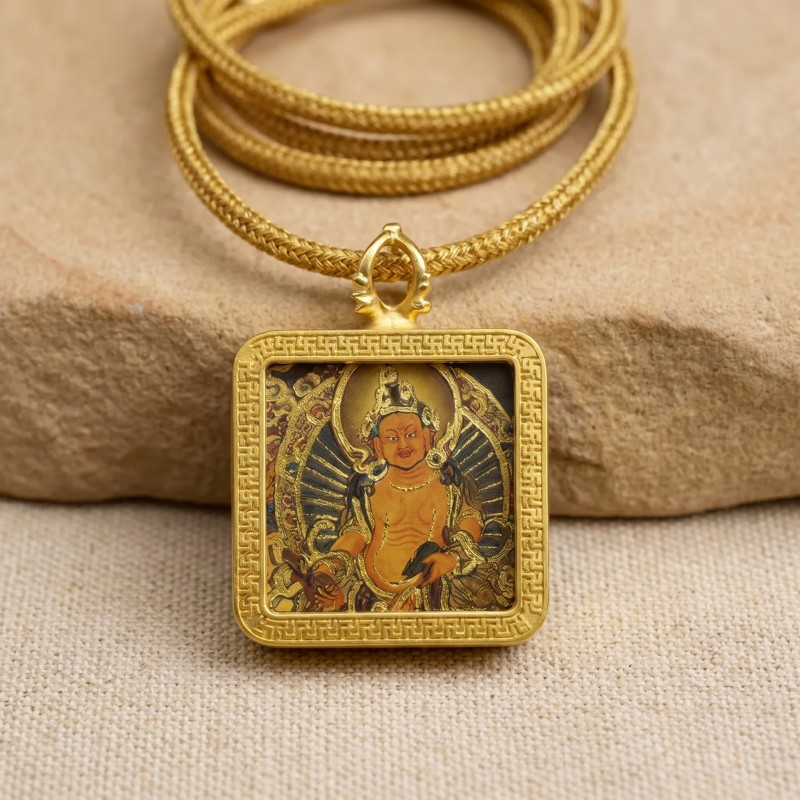 Yellow Jambhala Hand-Painted Thangka Pendant | God of Wealth & Prosperity Amulet image 3