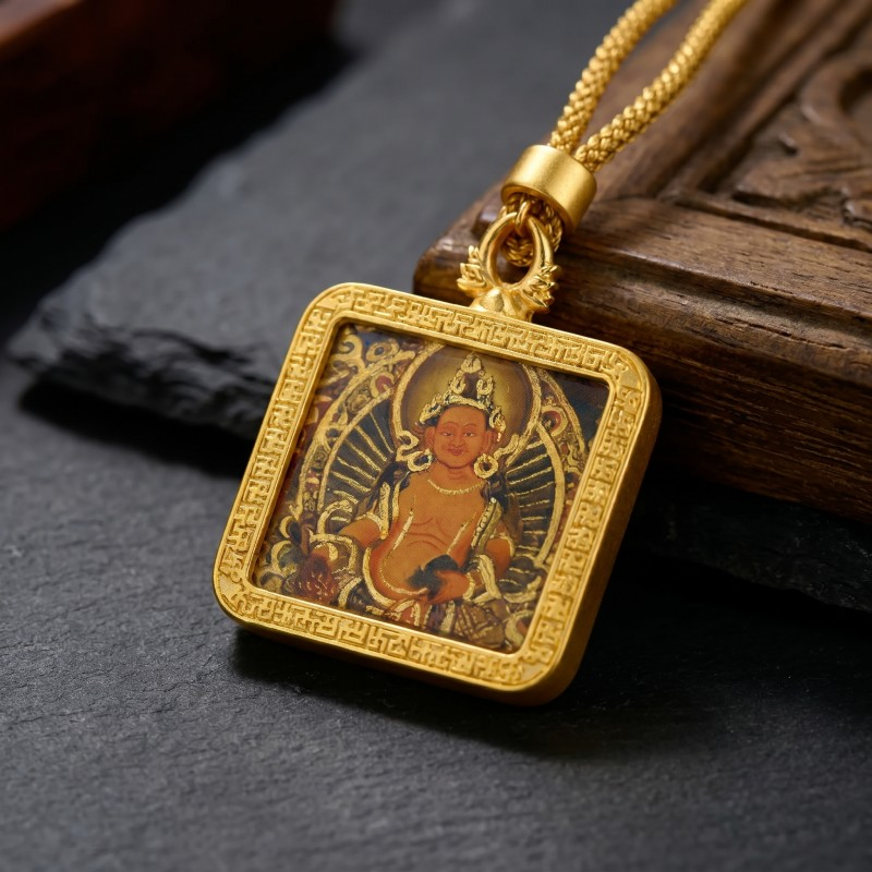 Yellow Jambhala Hand-Painted Thangka Pendant | God of Wealth & Prosperity Amulet image 4