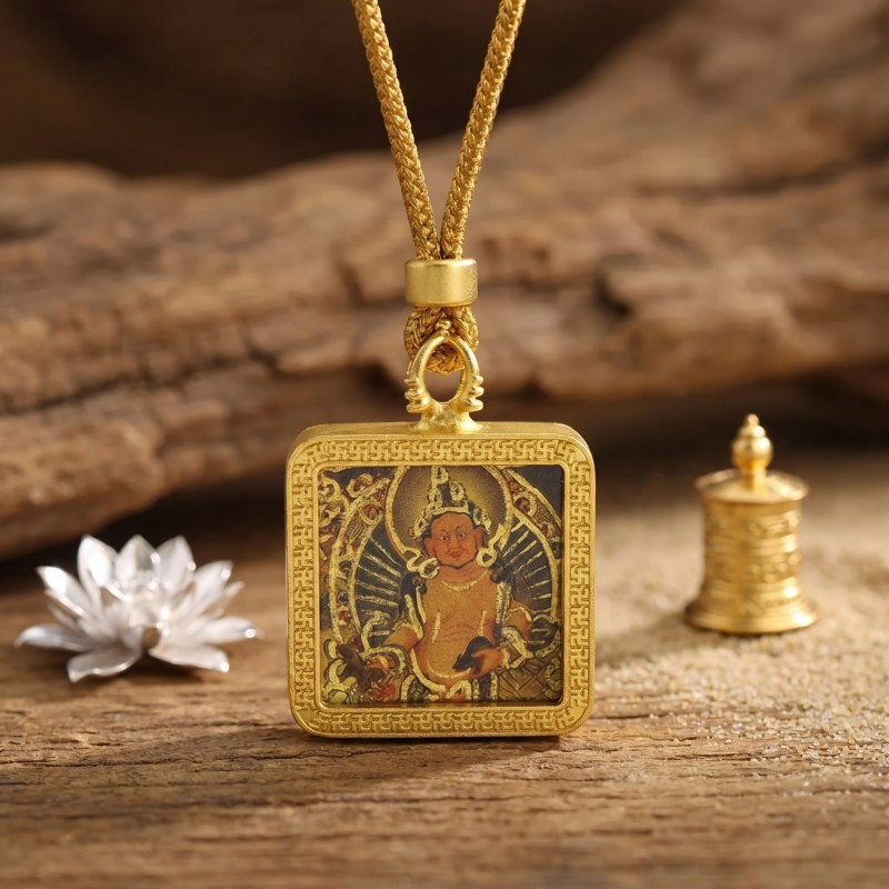 Yellow Jambhala Hand-Painted Thangka Pendant | God of Wealth & Prosperity Amulet image 5