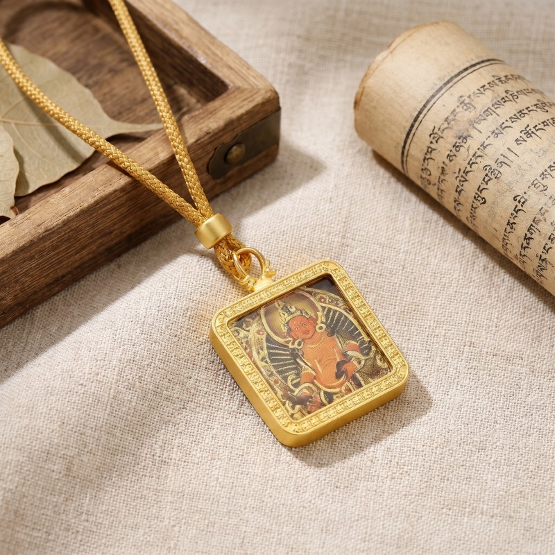 Yellow Jambhala Hand-Painted Thangka Pendant | God of Wealth & Prosperity Amulet image 6