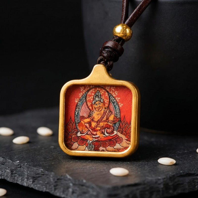 Yellow Jambhala Hand-Painted Thangka Pendant | God of Wealth & Prosperity Amulet