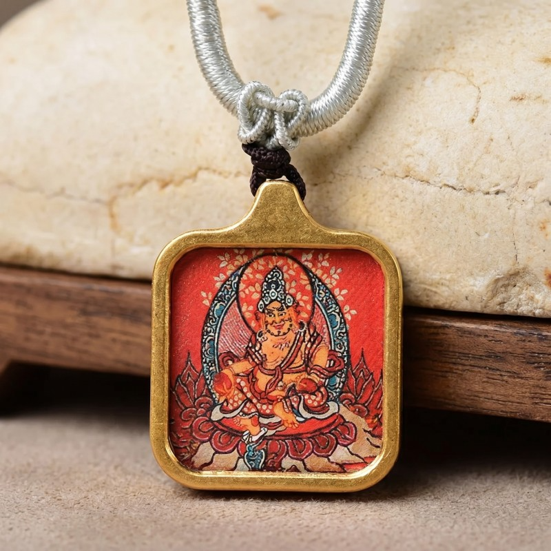 Yellow Jambhala Hand-Painted Thangka Pendant | God of Wealth & Prosperity Amulet image 2