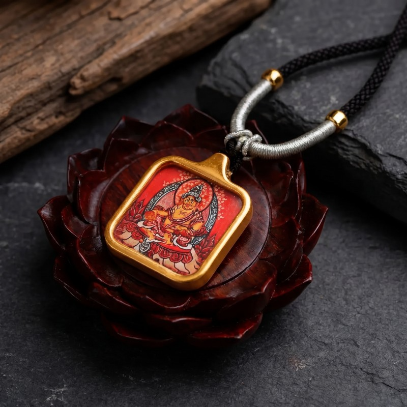 Yellow Jambhala Hand-Painted Thangka Pendant | God of Wealth & Prosperity Amulet image 3