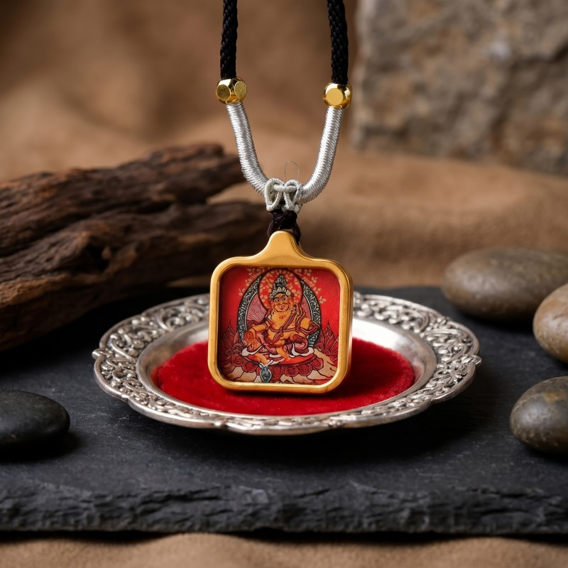 Yellow Jambhala Hand-Painted Thangka Pendant | God of Wealth & Prosperity Amulet image 4
