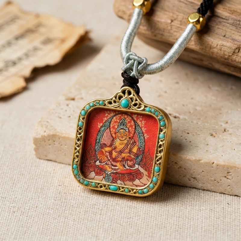 Yellow Jambhala Hand-Painted Thangka Pendant | God of Wealth & Prosperity Amulet image 5