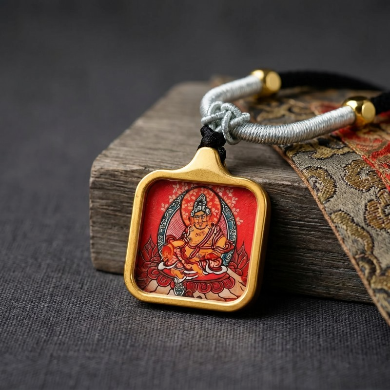 Yellow Jambhala Hand-Painted Thangka Pendant | God of Wealth & Prosperity Amulet image 6