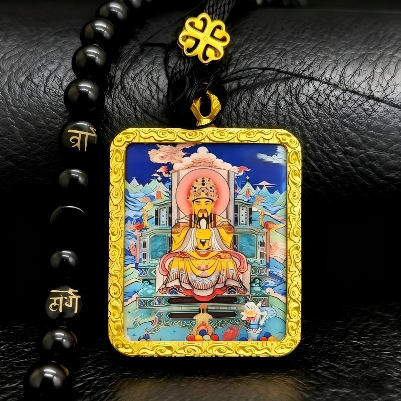 Yellow Jambhala Hand-Painted Thangka Pendant | Tibetan Wealth God Amulet for Prosperity & Financial Luck