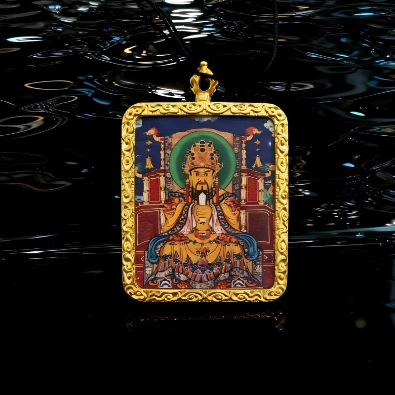 Yellow Jambhala Hand-Painted Thangka Pendant | Tibetan Wealth God Amulet for Prosperity & Financial Luck image 2