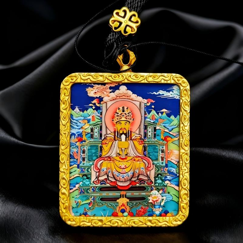Yellow Jambhala Hand-Painted Thangka Pendant | Tibetan Wealth God Amulet for Prosperity & Financial Luck image 3