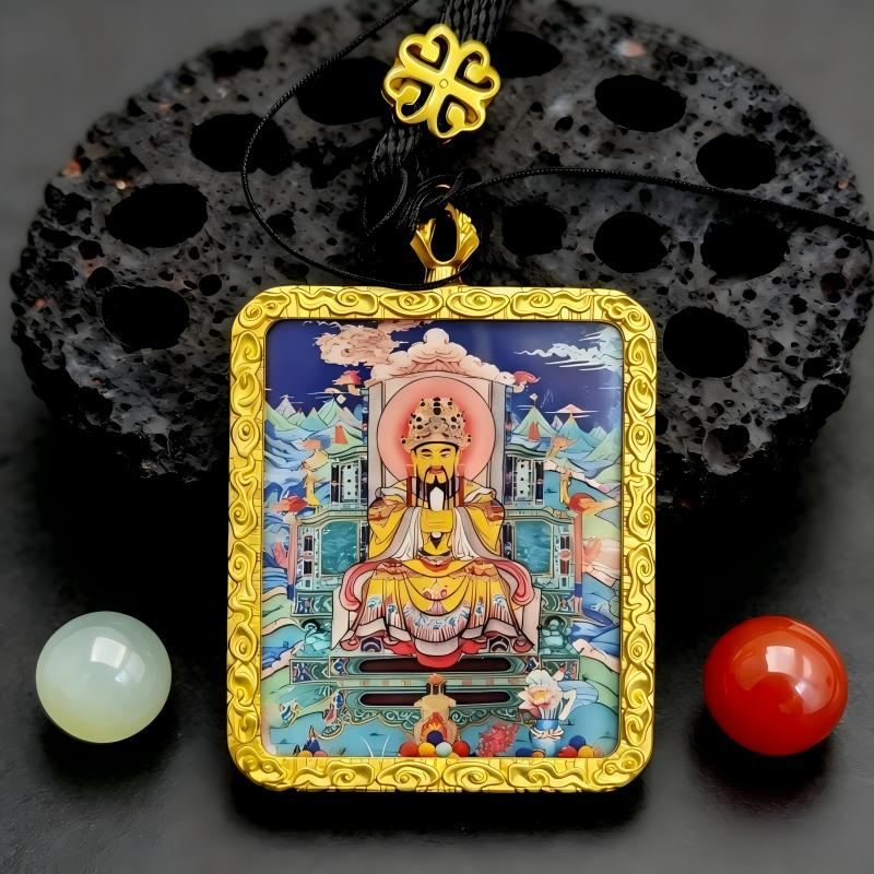 Yellow Jambhala Hand-Painted Thangka Pendant | Tibetan Wealth God Amulet for Prosperity & Financial Luck image 4