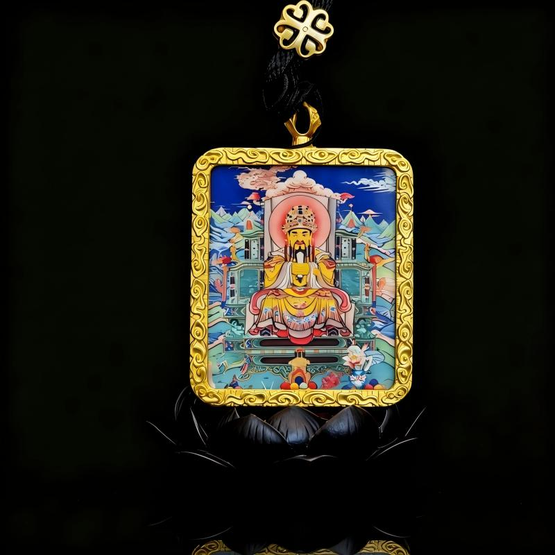 Yellow Jambhala Hand-Painted Thangka Pendant | Tibetan Wealth God Amulet for Prosperity & Financial Luck image 5