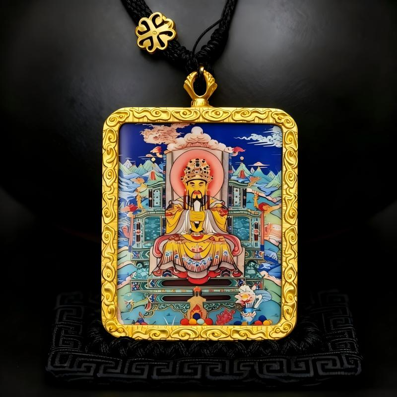 Yellow Jambhala Hand-Painted Thangka Pendant | Tibetan Wealth God Amulet for Prosperity & Financial Luck image 6