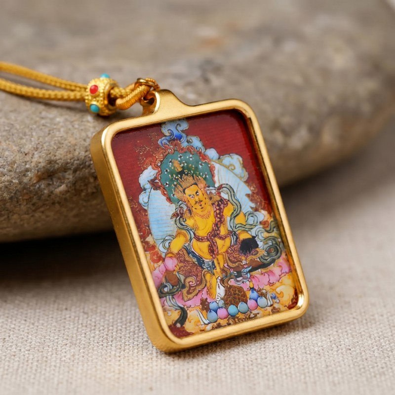 Yellow Jambhala Thangka Style Wall Art | Tibetan God of Wealth & Prosperity Decor