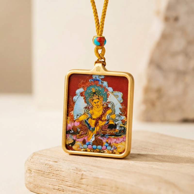 Yellow Jambhala Thangka Style Wall Art | Tibetan God of Wealth & Prosperity Decor image 2