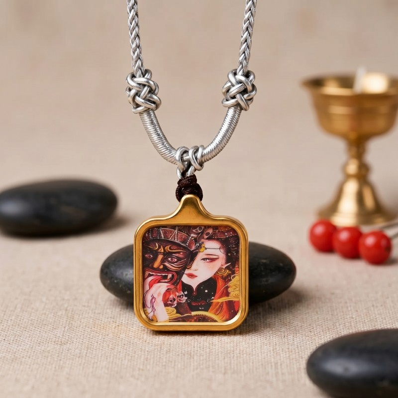 Yellow Jambhala (Traditional Style) Hand-Painted Thangka Pendant | God of Wealth & Prosperity Amulet image 2