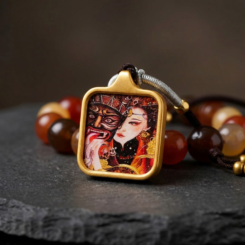 Yellow Jambhala (Traditional Style) Hand-Painted Thangka Pendant | God of Wealth & Prosperity Amulet image 3