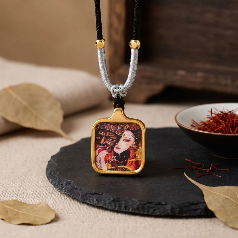 Yellow Jambhala (Traditional Style) Hand-Painted Thangka Pendant | God of Wealth & Prosperity Amulet image 4