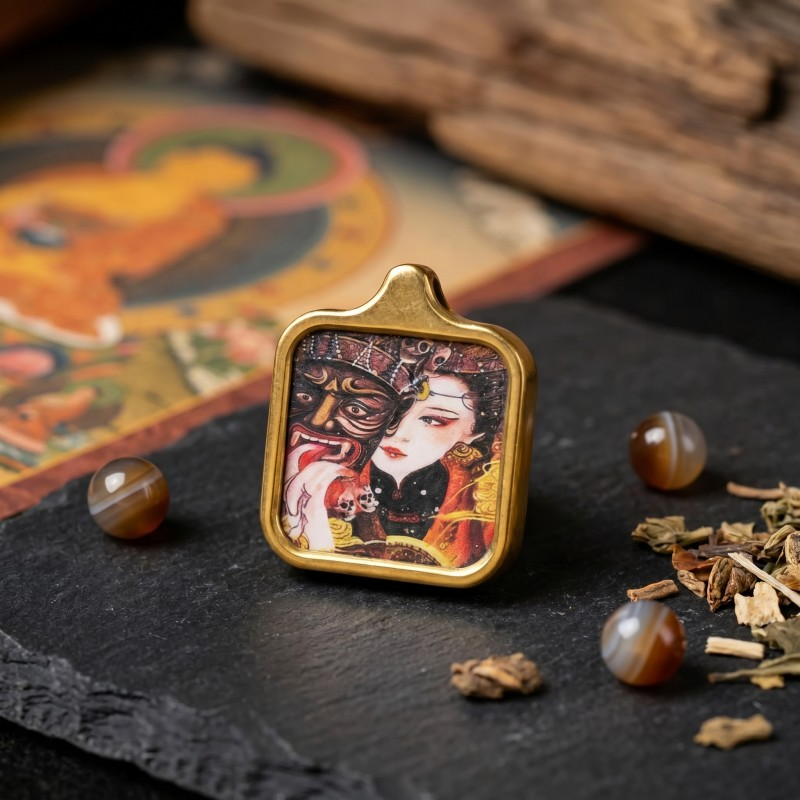 Yellow Jambhala (Traditional Style) Hand-Painted Thangka Pendant | God of Wealth & Prosperity Amulet image 5