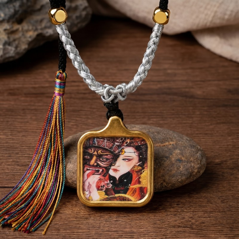 Yellow Jambhala (Traditional Style) Hand-Painted Thangka Pendant | God of Wealth & Prosperity Amulet image 6