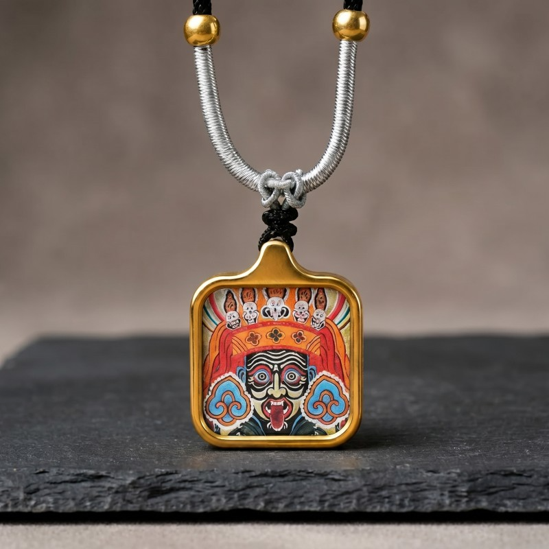 Zakiram Face Art Style Hand-Painted Thangka Pendant | Tibetan Wealth & Protection Goddess Amulet
