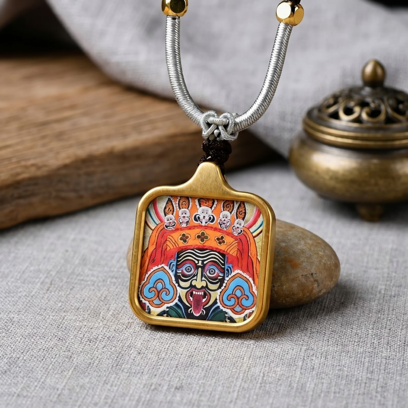 Zakiram Face Art Style Hand-Painted Thangka Pendant | Tibetan Wealth & Protection Goddess Amulet image 2
