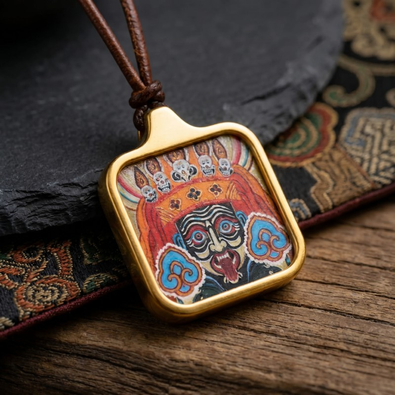 Zakiram Face Art Style Hand-Painted Thangka Pendant | Tibetan Wealth & Protection Goddess Amulet image 3