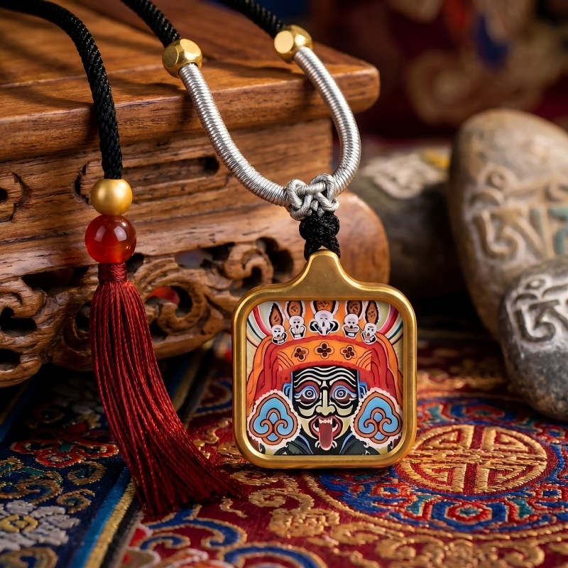 Zakiram Face Art Style Hand-Painted Thangka Pendant | Tibetan Wealth & Protection Goddess Amulet image 4