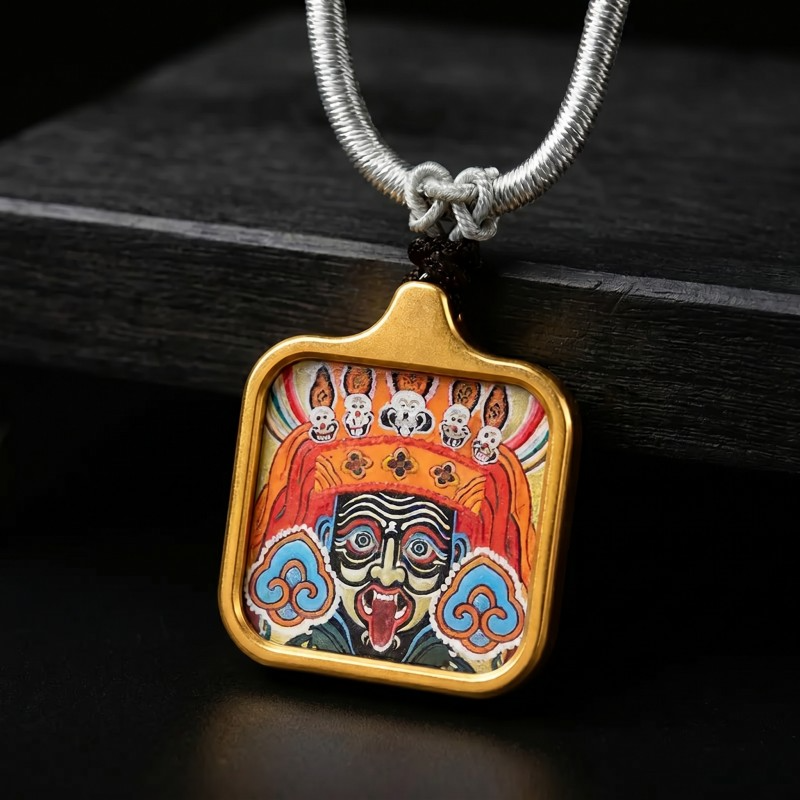 Zakiram Face Art Style Hand-Painted Thangka Pendant | Tibetan Wealth & Protection Goddess Amulet image 5